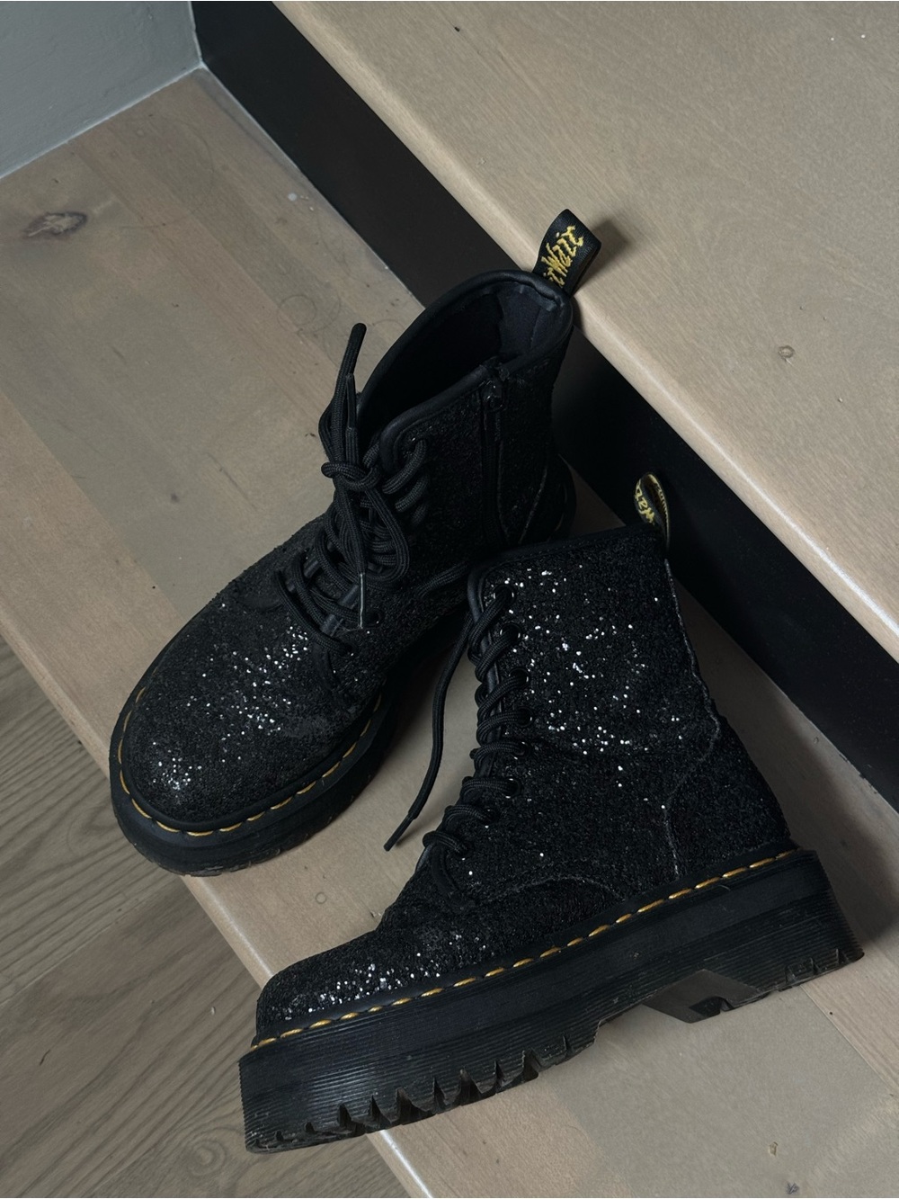Dr. Martens Black Glitter Platform Combat Boots
